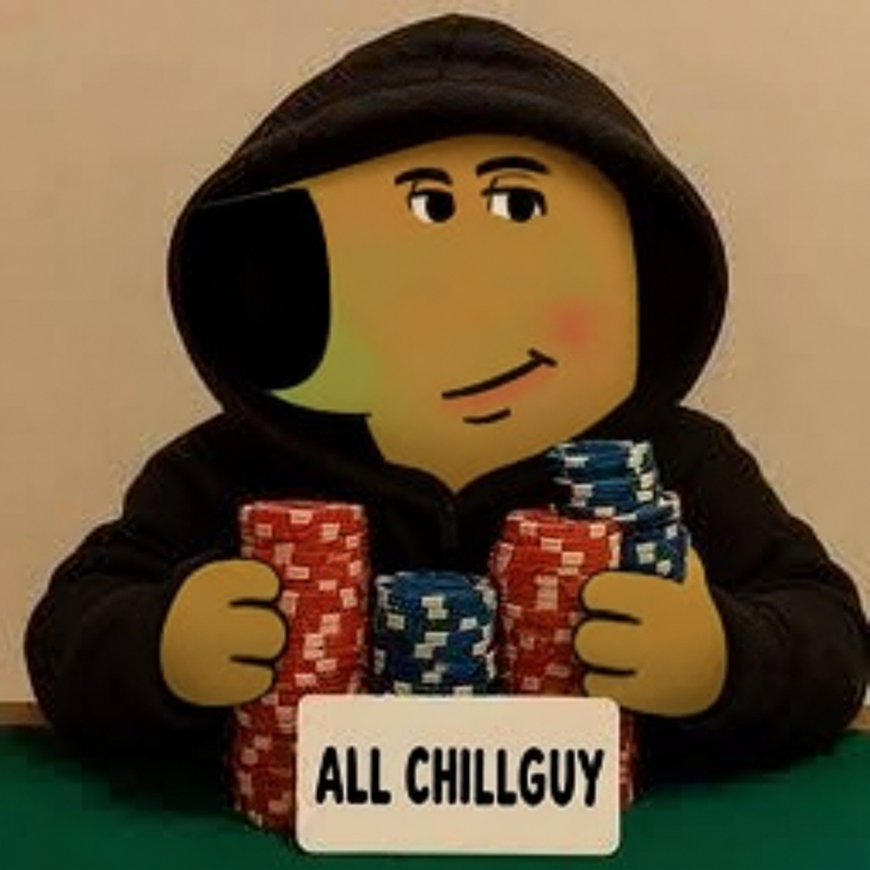 Just all chill guy holding poker chips